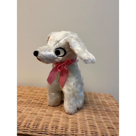 Mizpah Pixy Plush Dog‎ Toy Vintage White Puppy Pink Bow Stuffed Animal - Picture 5 of 13